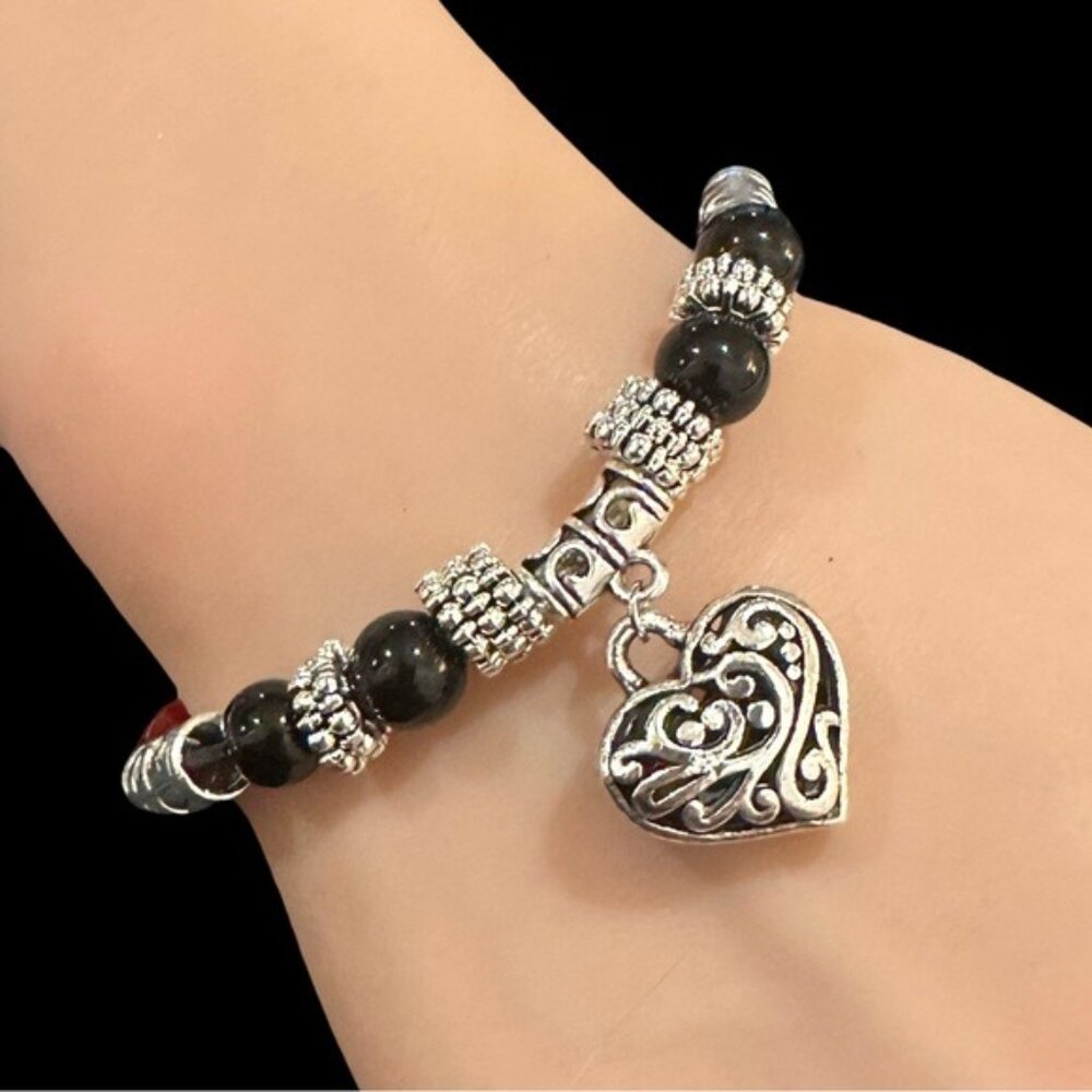 Natural Stone Chakra Healing with Silver Heart Charm & Intricate Details